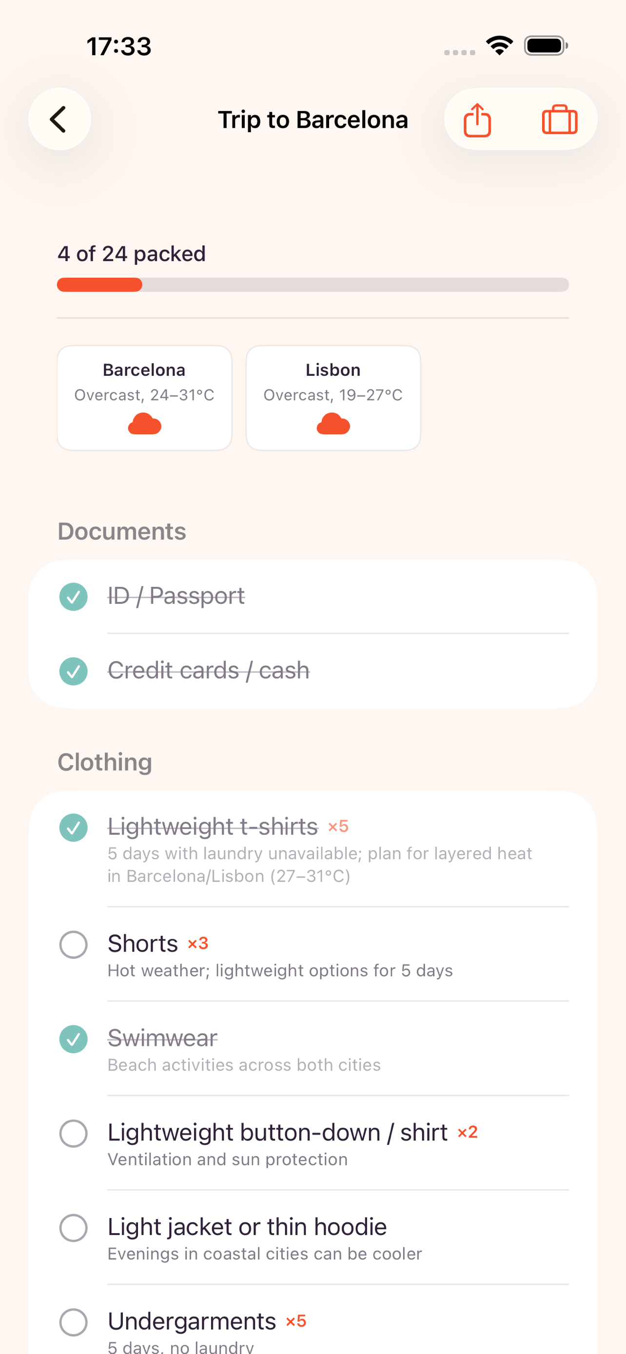 Interactive packing checklist screen