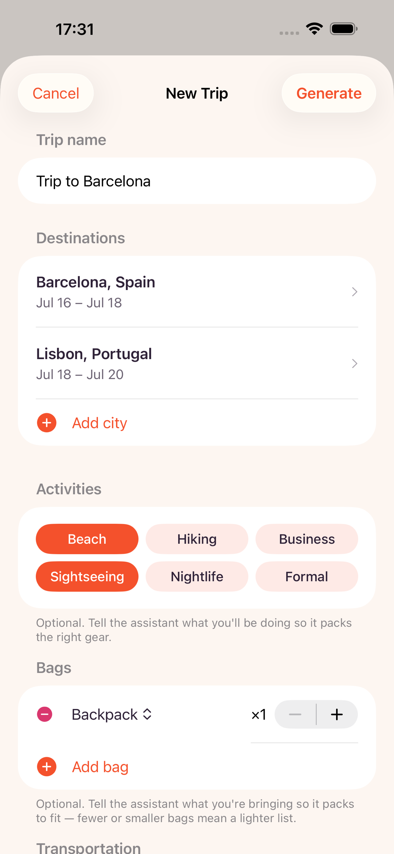 Trip setup screen with cities and dates