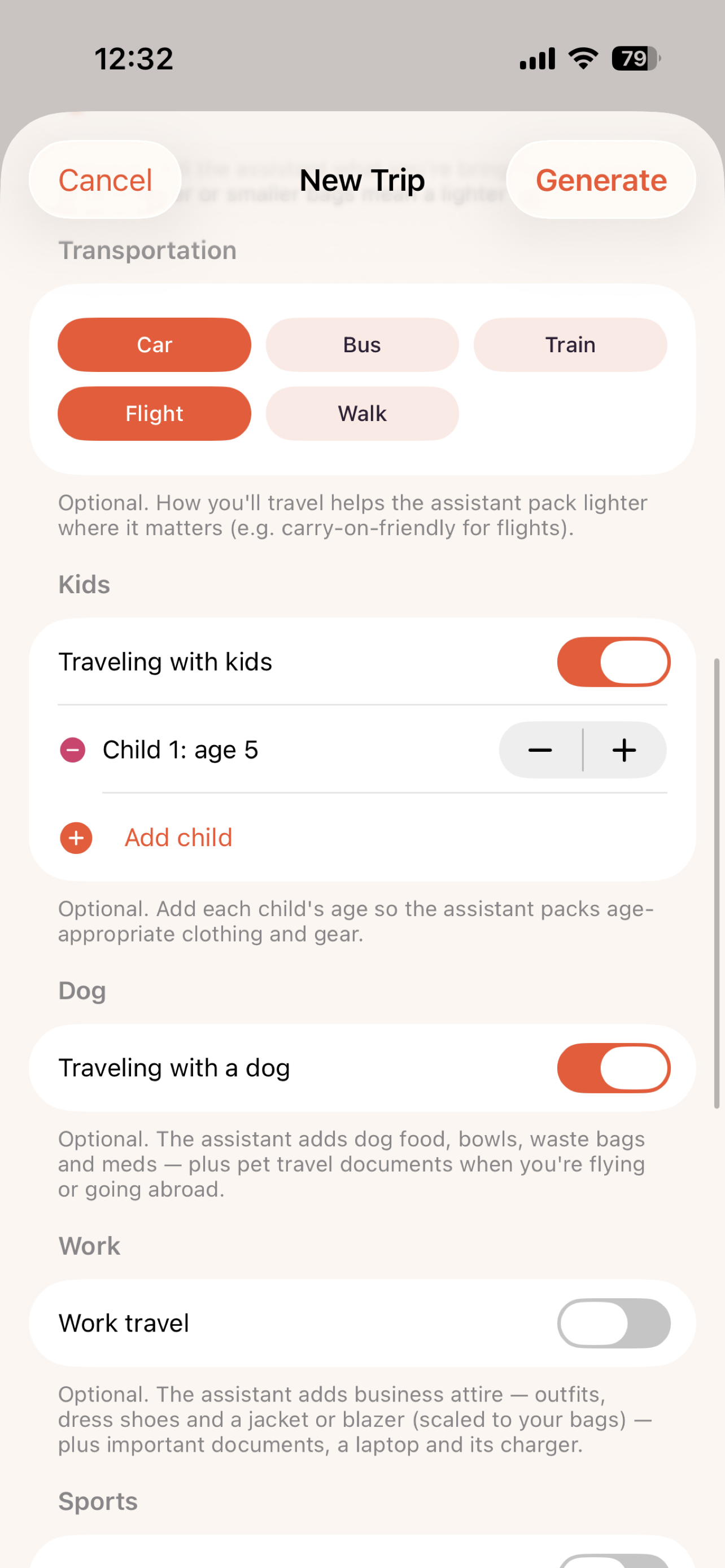 Trip options screen