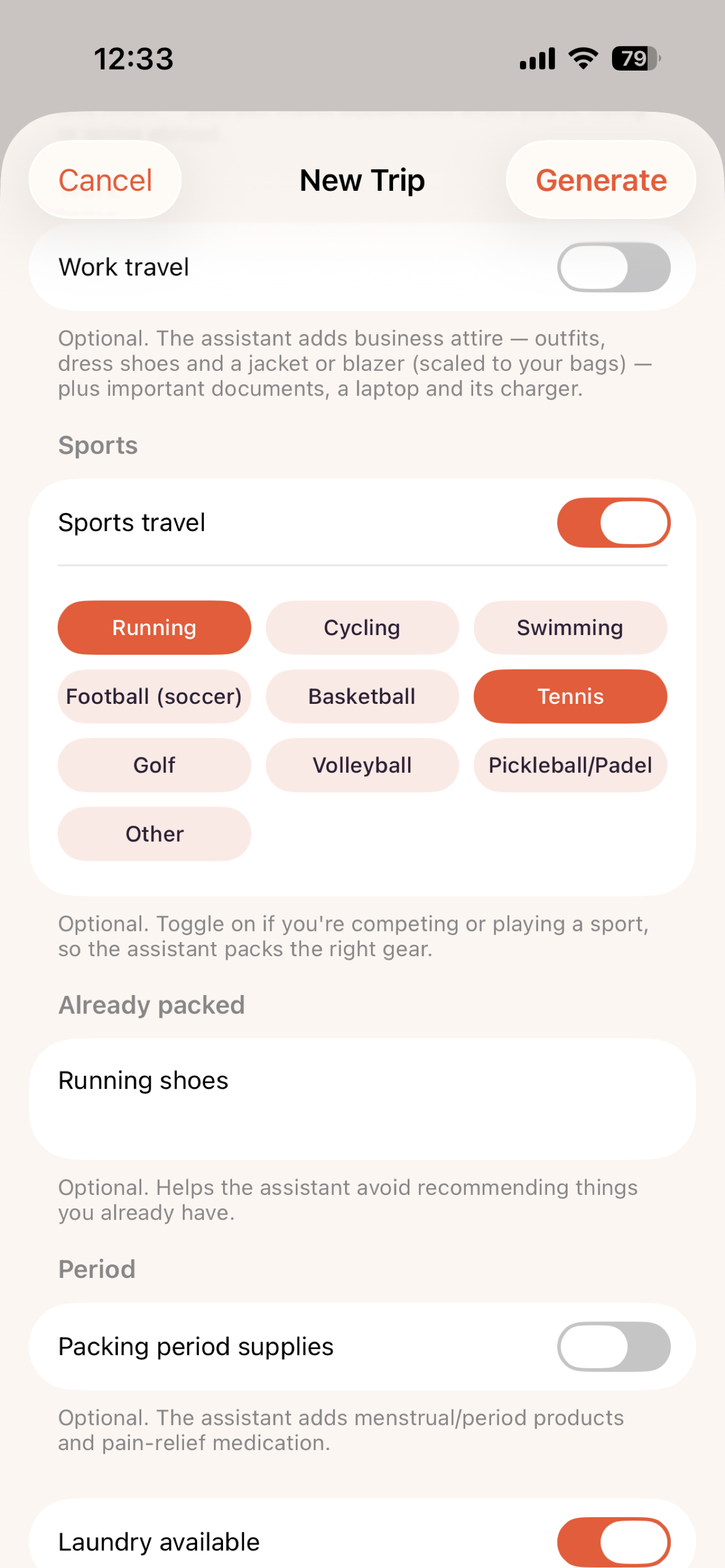 Sports and activities options screen