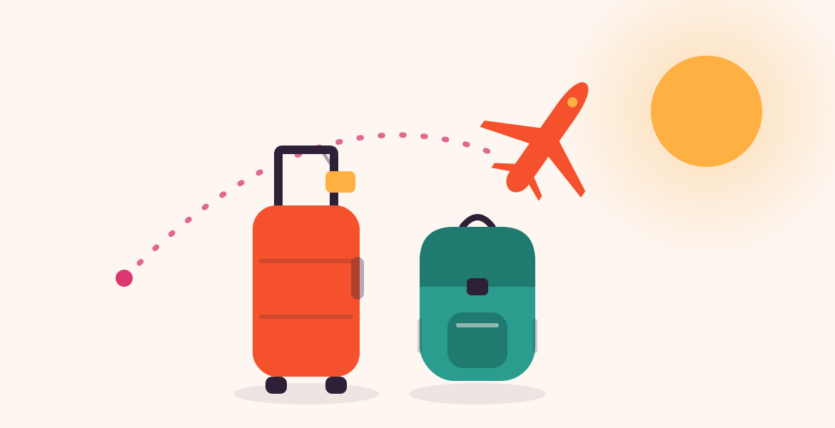 Illustration of a coral suitcase, teal backpack, and a plane flying toward the sun